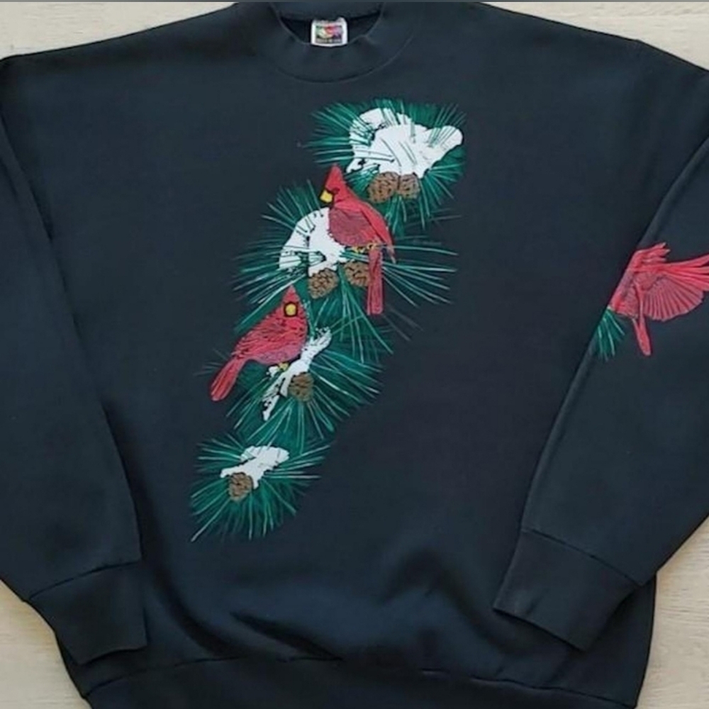 VTG 1990s Cardinal Bird Christmas Print Crew Neck Sweatshirt Size (XL) - Picture 5 of 8